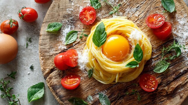Delicious spaghetti nest with vibrant egg yolk and fresh tomatoes, perfect for a modern Italian dish, ideal for culinary blogs and gourmet food promotions