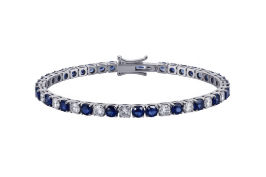 Silver tennis bracelet with alternating blue sapphires and clear diamonds isolated on a transparent background