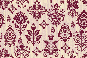 Damask seamless pattern, Ikat floral seamless pattern background, vector illustration, Ikat ethnic oriental embroidery, Aztec style, baroque. Design for texture, fabric, clothing, decoration, fashion
