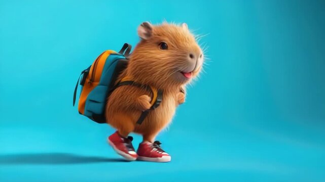 Cute capybara walking with backpack on blue background. Back to School, School Season, First Day of School - Education Supplies, Academic Year Beginning
