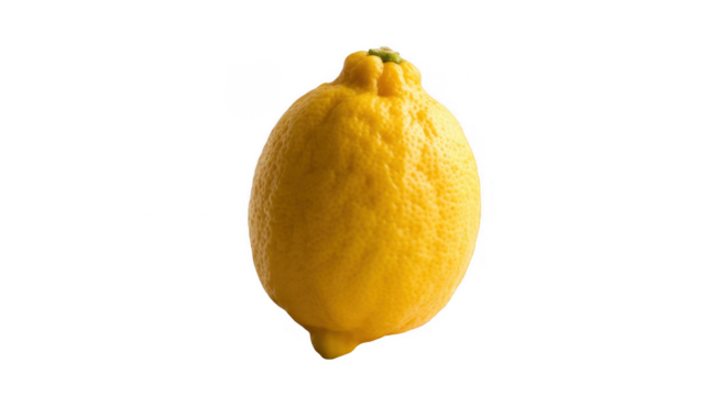 Single whole yellow lemon with textured rind and green stem isolated on a transparent background