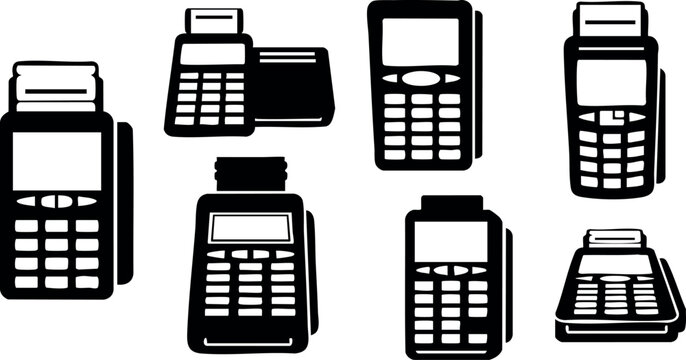 Payment terminals collection flat icons set different models and types handheld devices for transactions vector illustration