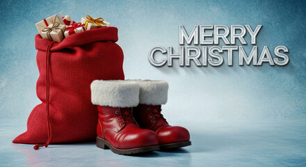 Red santa's sack full of gifts and classic boots with 'merry christmas' message isolated on white background, Vector