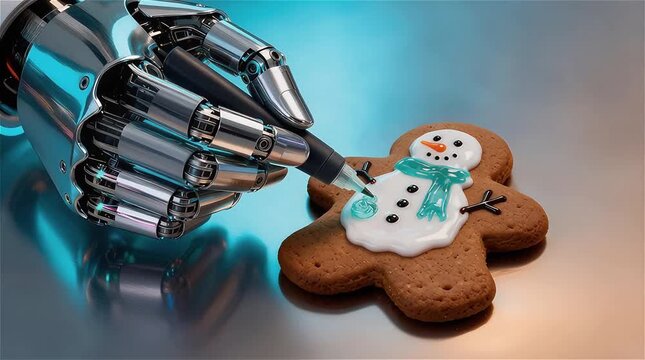 Mano robótica  decorando con precisión una galleta de jengibre navide&ntilde;a