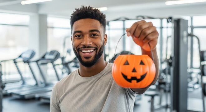 Smiling young african american man holding an orange halloween pumpkin bucket in a modern gym with exercise equipment - Powered by Adobe