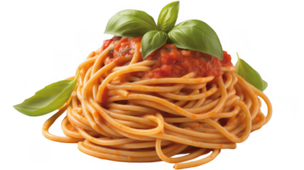 Spaghetti with tomato sauce and basil leaves isolated on a transparent background
