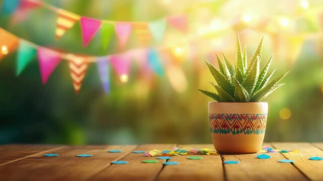 Colorful festive garden: potted cactus on wooden table with vibrant party flags. Cinco de Mayo, Battle of Puebla Day, Mexican Heritage Festival - Latin American Cultural Celebration