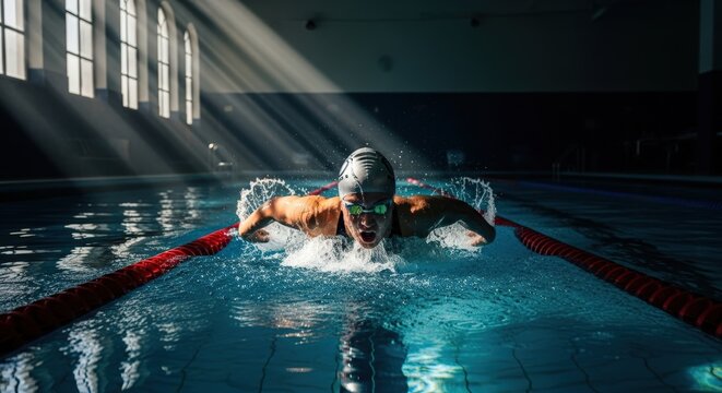Woman swimming butterfly stroke with powerful splash in an indoor swimming pool during a bright sunny day