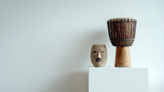 African cultural artifacts: tribal mask and djembe drum display against minimalist background,Black History Month,