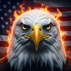 Intense Eagle Portrait, Burning American Flag Backdrop, Photorealistic Detail.