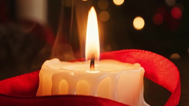 Realistic Candlelight Scene with Red Ribbon and Cinematic Warm Haze