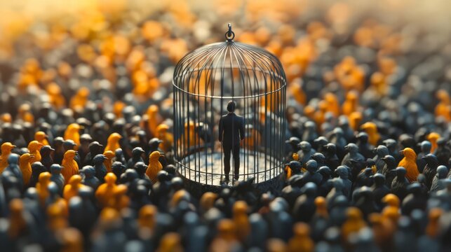 A metaphorical representation of isolation within a crowd, highlighting the emotional struggle of feeling trapped.