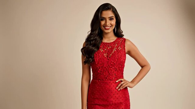 Woman in a red lace dress posing in a studio