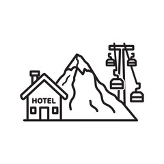 Ski resort hotel with mountain and cable car black and white vector icon