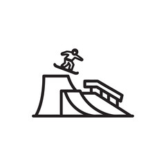 Ski resort snowboarder jumping on ramp black and white vector icon