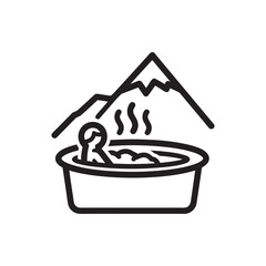 Ski resort hot tub icon person relaxing in outdoor jacuzzi with mountain view black and white winter vacation vector illustration