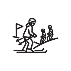 Ski resort icon black and white vector of skier on slope with kids and flag minimal winter sports illustration