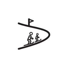 Ski resort slope icon with skiers on mountain piste black and white vector illustration