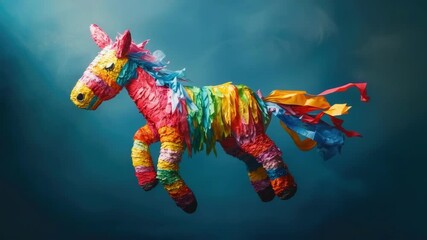 Colorful donkey pinata against blue background with vibrant streamers. Cinco de Mayo, Battle of Puebla Day, Mexican Heritage Festival - Latin American Cultural Celebration - Powered by Adobe