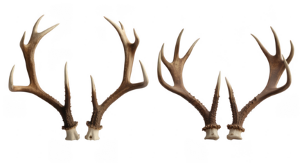 Two sets of deer antlers brown and white bone isolated on a transparent background