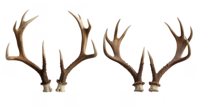Two sets of deer antlers brown and white bone isolated on a transparent background