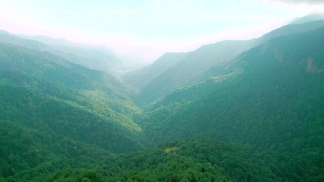 Aerial drone panning shot of green tree covered Himalaya mountains with rays of light falling on them and golden haze in the distance showing the beauty of Chopta Tungnath
