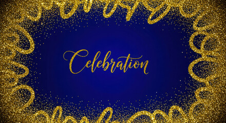 Golden glitter celebration script with ornate frame on elegant royal blue background isolated on white background, Vector