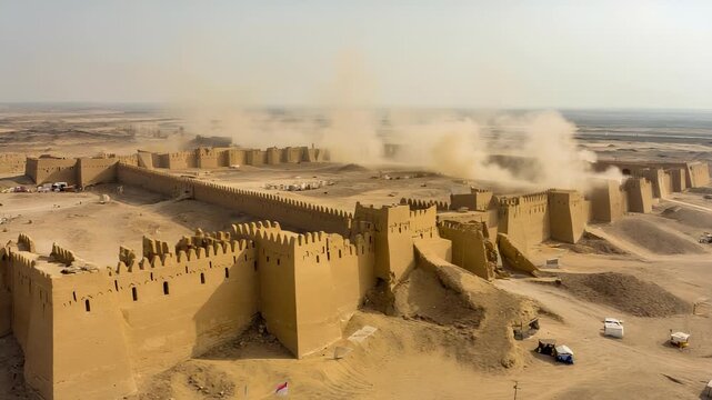Ancient City Walls in the Desert, Archaeological Site, Historical Landmark, Sandstorm, Middle East Landscape, Aerial View of Mud Brick Fortress.