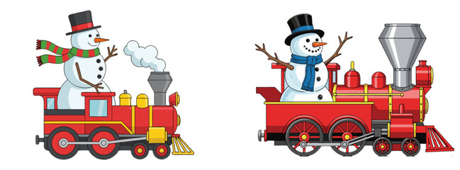 Naklejka premium Snowman on train in colorful design with festive elements, transparent background, isolated, vector, set 