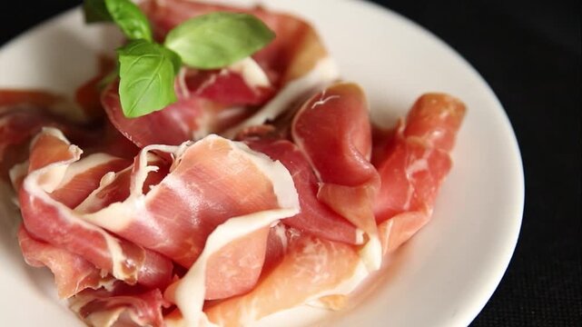 Meat jamon iberico or serrano snack fresh tasty food dish gourmet food background on the table rustic food top view copy space