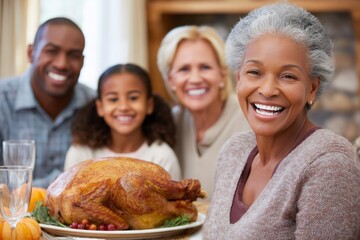 Happy multi generational family celebrating holiday dinner with turkey