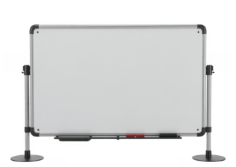 White dry erase board with silver frame and stand isolated on a transparent background