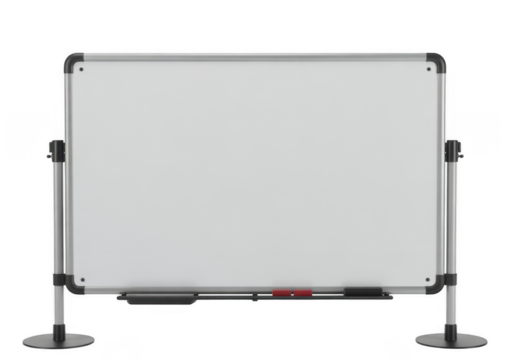 White dry erase board with silver frame and stand isolated on a transparent background