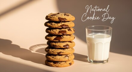 Stack of chocolate chip cookies with a glass of milk for National Cookie Day