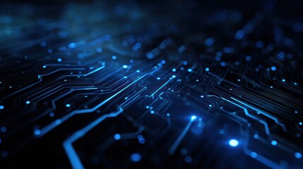 Glowing blue circuit board traces with dark background and bokeh effect.