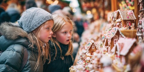 Naklejka premium Children look at gingerbread houses and sweets at Christmas market stall. Festive childhood excitement, winter fair atmosphere, traditional treats.