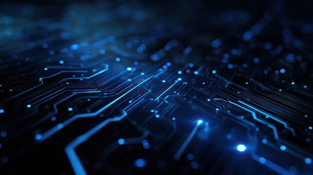 Glowing blue circuit board traces with dark background and bokeh effect.