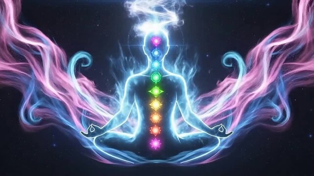 Meditative figure aligning chakras with vibrant energy flow, ideal for wellness and spiritual practices