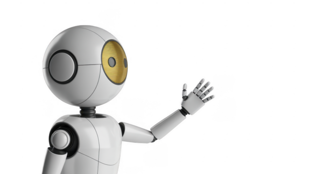 White robot with gold eye waving hand isolated on a transparent background