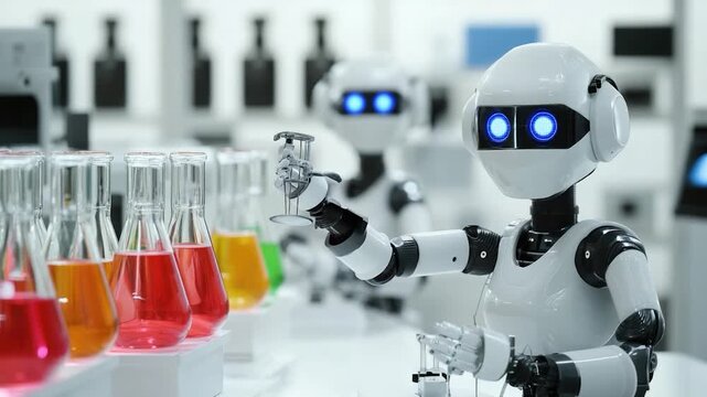 A robot standing in front of a row of test tubes, suitable for science, technology and innovation themed projects - Powered by Adobe