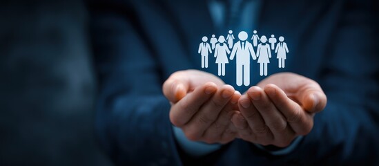 Businessman hands holding glowing white human resource icons