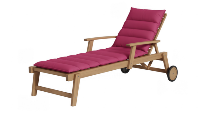 Wooden lounge chair with pink cushion and wheels isolated on a transparent background - Powered by Adobe