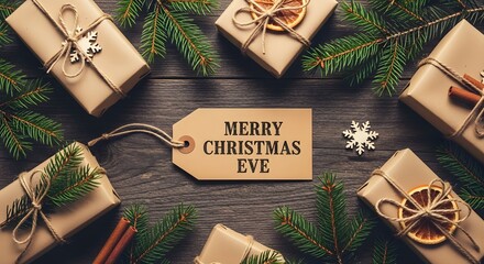 Merry christmas eve gifts and decorations on a rustic wooden background scene