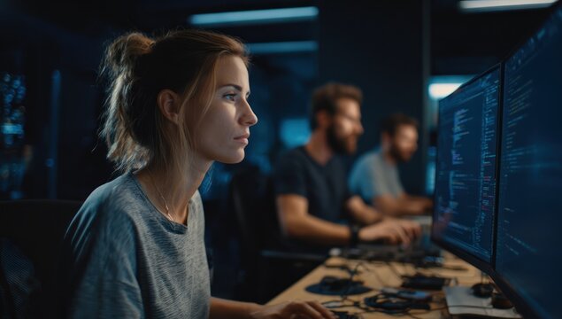 Woman programmer focused on dual computer screens in dark office setting. - Powered by Adobe