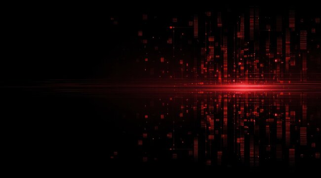 Abstract digital data flow with red light streaks and glowing blocks.