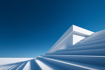 Minimal white architectural stairway leading toward a clear deep blue sky in bright midday sun, abstract symbol of clean renewable energy progress and optimistic futuristic design