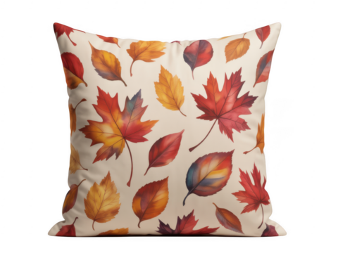 Autumn leaves pattern on a pillow isolated on a transparent background