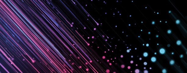 Abstract diagonal light streaks and glowing orbs against black background.