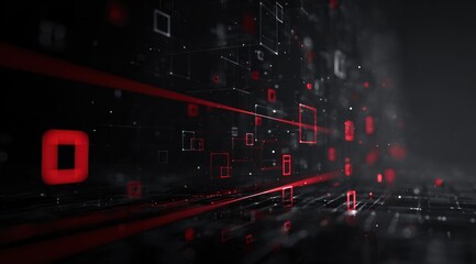 Abstract dark digital space with glowing red and white geometric shapes.