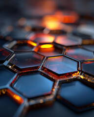 Obraz premium Close up of futuristic solar panel cells with glass hexagon grid reflecting warm orange sunset light and cool blue sky, symbolizing clean renewable energy technology